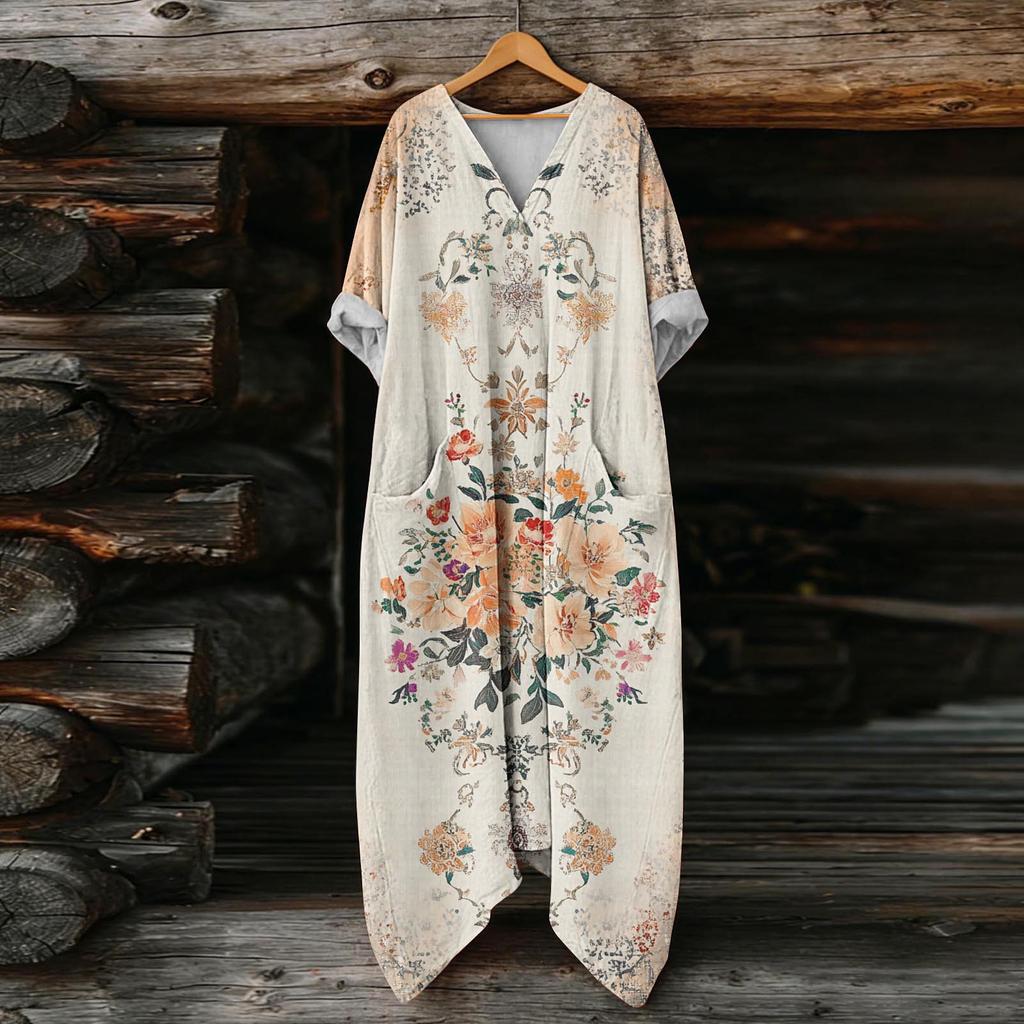 Luźna Sukienka Kaftan z Dekoltem V i Kwiatowym Wzorem z Kieszeniami Długi Rękaw Codzienna Sukienka Maxi dla Kobiet Wygodny Design