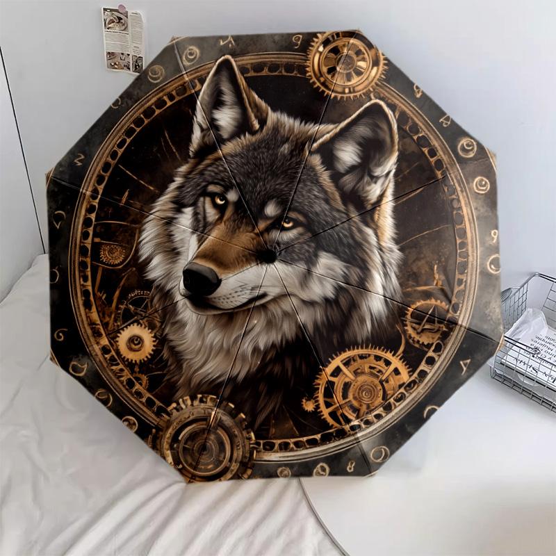 Gear Wolf pattern, automatic folding umbrella, portable and foldable design, 8 ribs, a Christmas or birthday gift.
