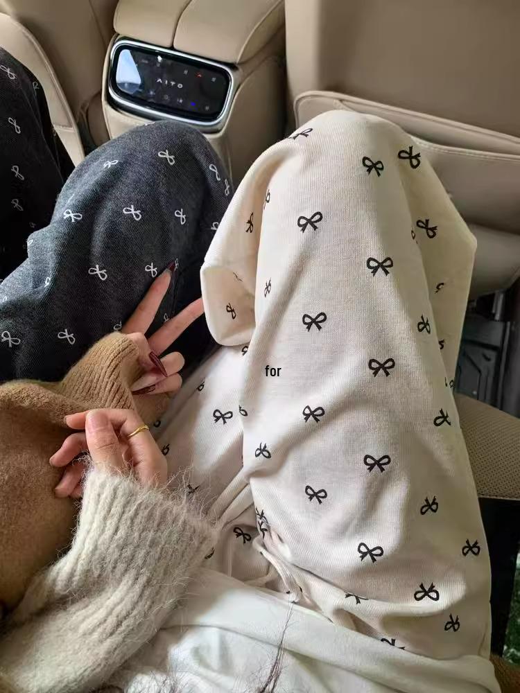 Petite Korean Bow Wide Leg Printed Pants - Slimming Drape Design for Spring/Autumn