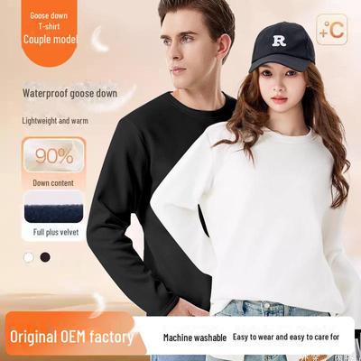 White Unisex Long Sleeve Goose Down T-Shirt – Women's Insulating Round Neck Sweatshirt for Autumn/Winter.