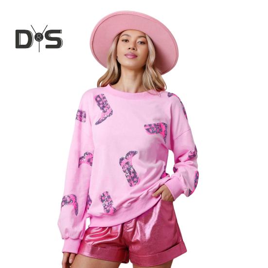 

Женский топ с пайетками, узором из сапог с длинными рукавами, эластичными манжетами, свободным круглым вырезом, толстовка средней длины, повседневная одежда на День святого Валентина S розовый