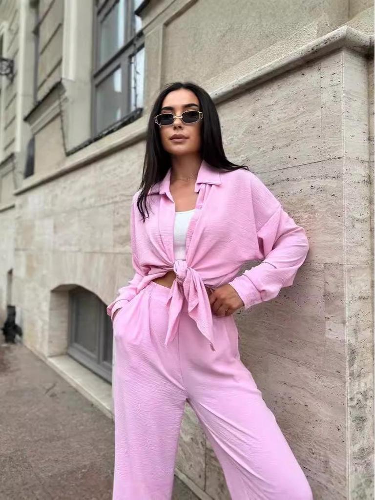 European and American Style 2024 Autumn Solid Color Two-Piece Set: Lapel Shirt & Casual Pants