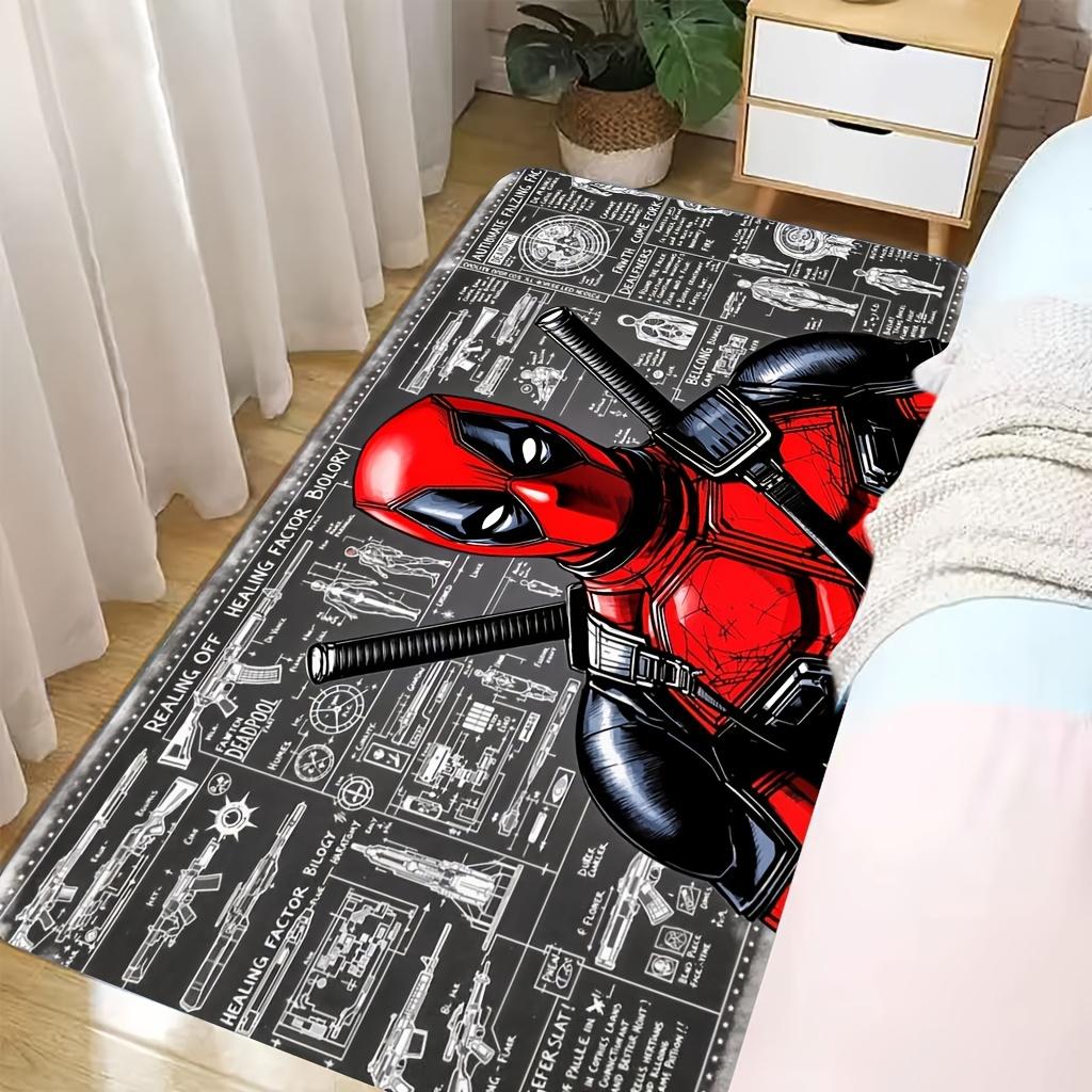 Authorized 1pc Cartoon Printed Rug, Deadpool Red Black Battle Suit Holding Dual Knives Mechanical Drawing Background Pattern E