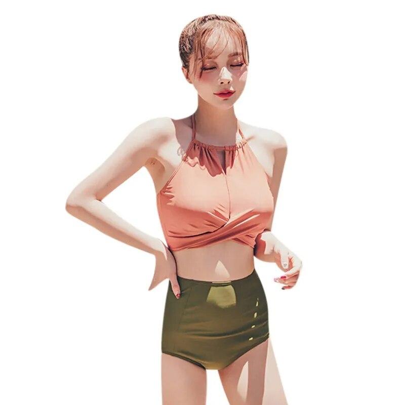 

Женский милый однотонный простой купальник с высокой талией и лямкой на бретельках, разделенный комплект бикини L