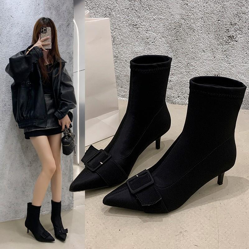 Autumn Stiletto Booties Fashion Pointed Toe Cow Suede Sleeve Anti-Slip Wear-Resistant High Heels