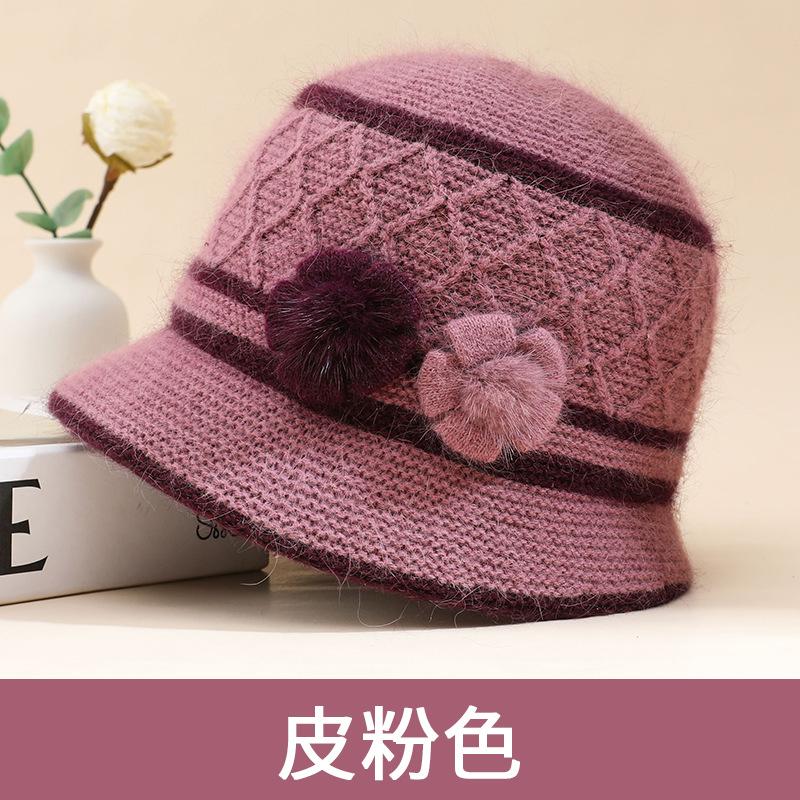 Middle-aged and old knitted hats, children's autumn and winter new rabbit fur basin hats, fashionable mother hats, plush warm wool hats