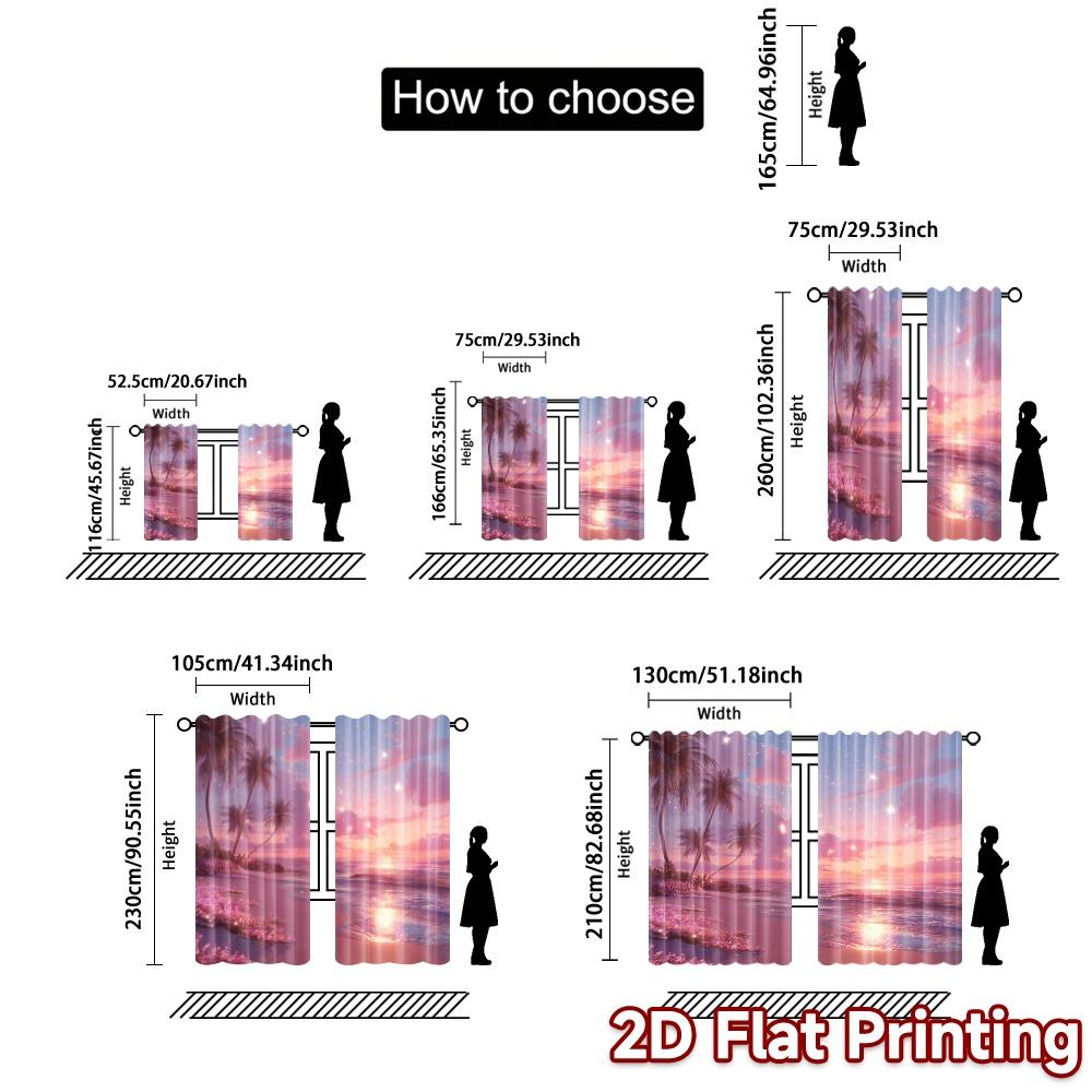 2pcs   2D FLAT PRINTING Curtains (Without Rod) Pink Sunset Shore Popular Minimalist Curtains Yarn Curtains Decorations Suitable
