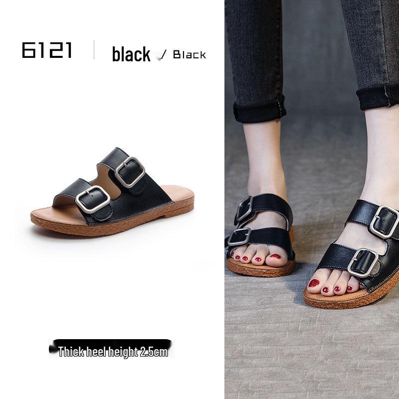 2025 Špičkové dámské módní sandály z pravé kůže - Všestranná plochá plážová obuv