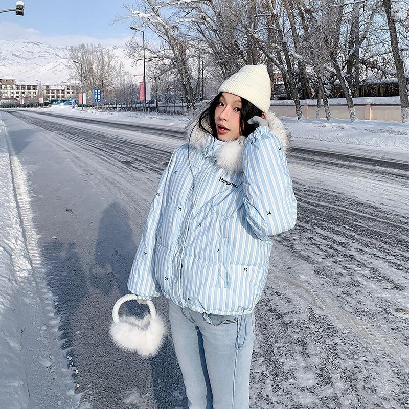 

Полосатое Принтованное Утепленное Пуховое Хлопковое Пальто для Женщин Новое Корейский Стиль Милое Меховое Лацкан Хлопковое Пальто L синий