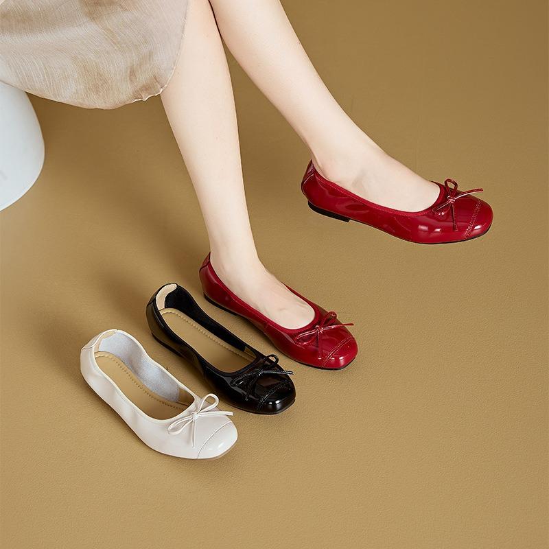 Autumn patent leather small single shoes women, bow lace-up small leather shoes one pedal large size Doudou shoes
