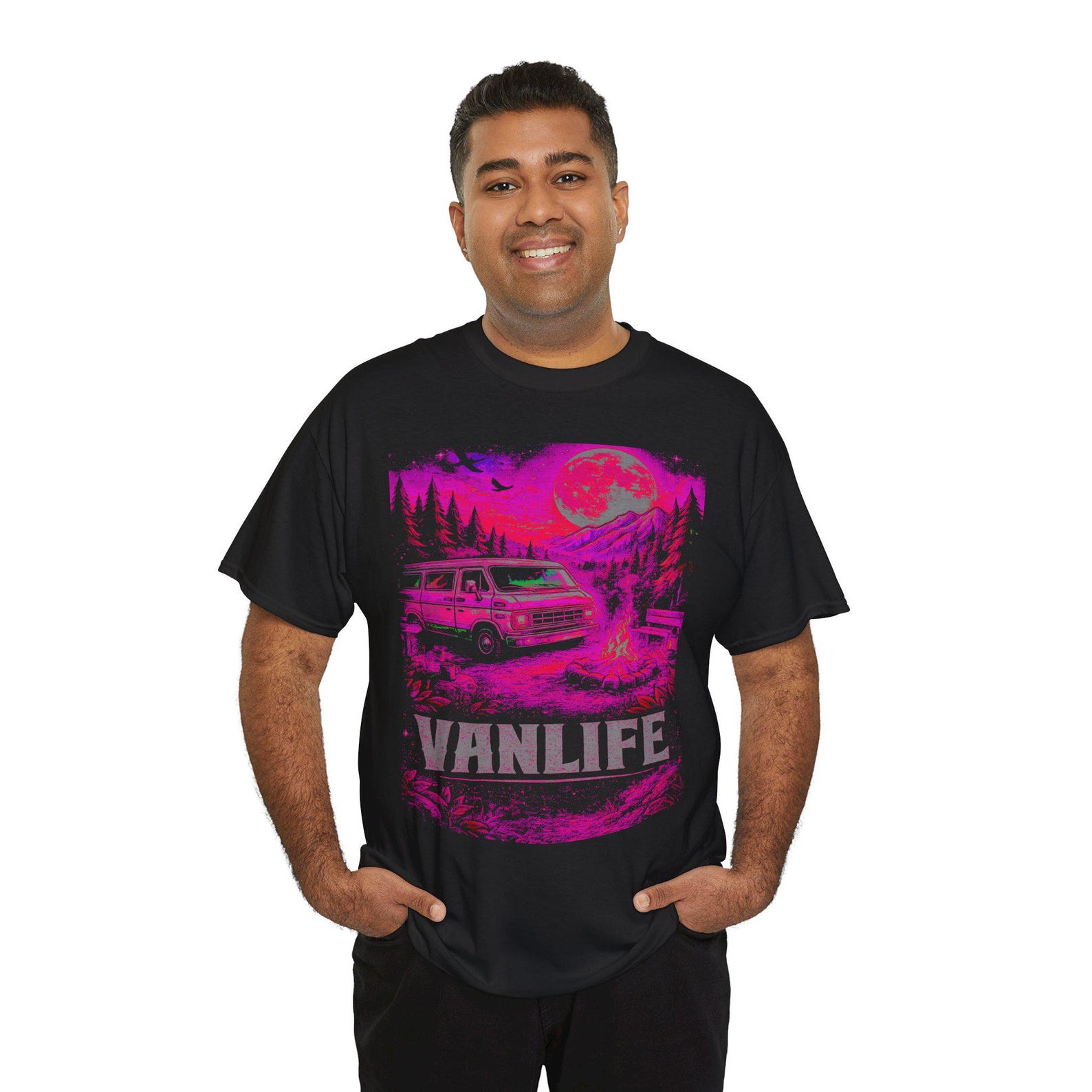 VANLIFE T shirt, Camper Van Camping Shirt, Retro RV Campfire Moon Tee, Adventure Road Trip Gift, Vintage Van Life Graphic Shirt L