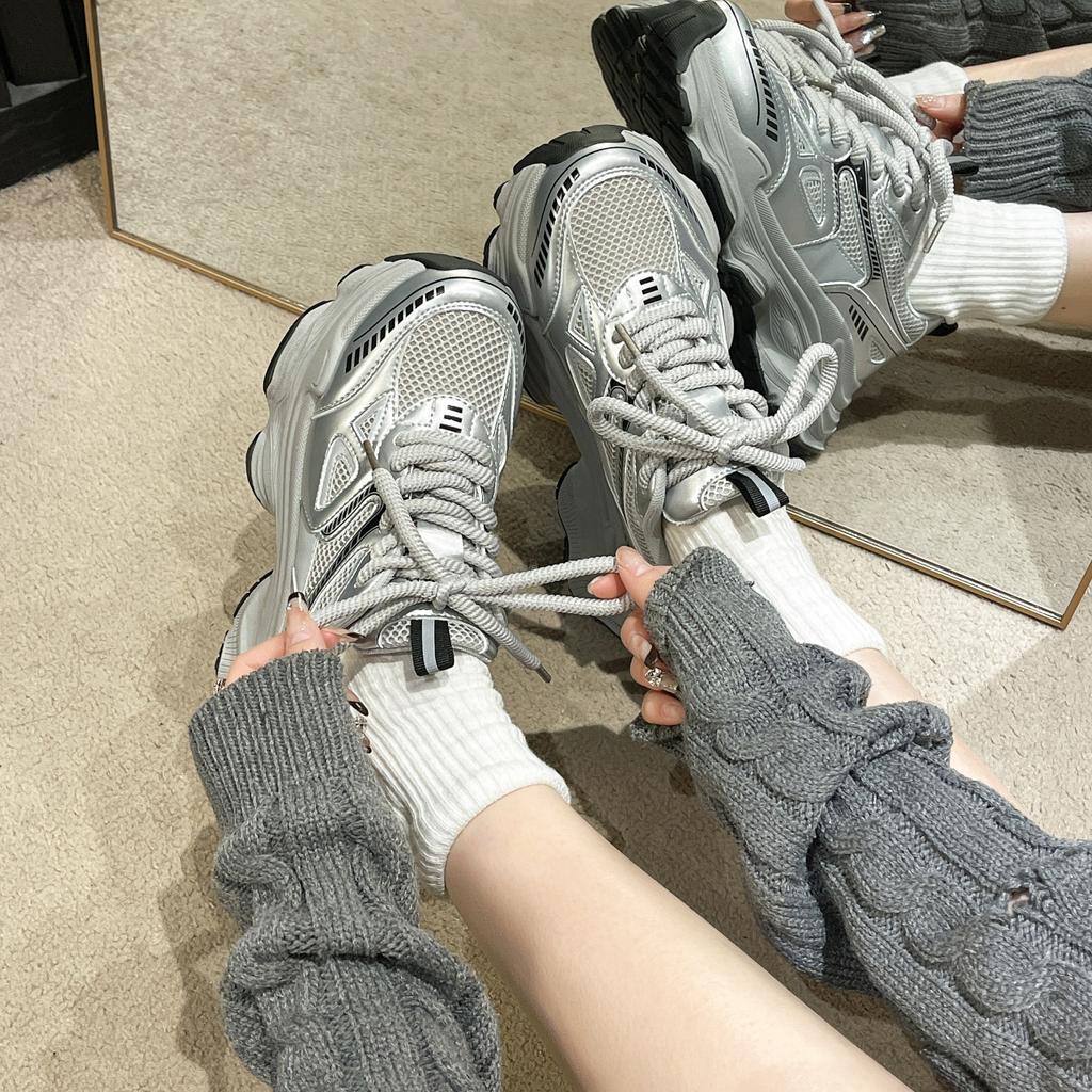 Paris dad shoes women's 2025 spring and summer new thick-soled heightened mesh breathable and lightweight silver casual sports shoes