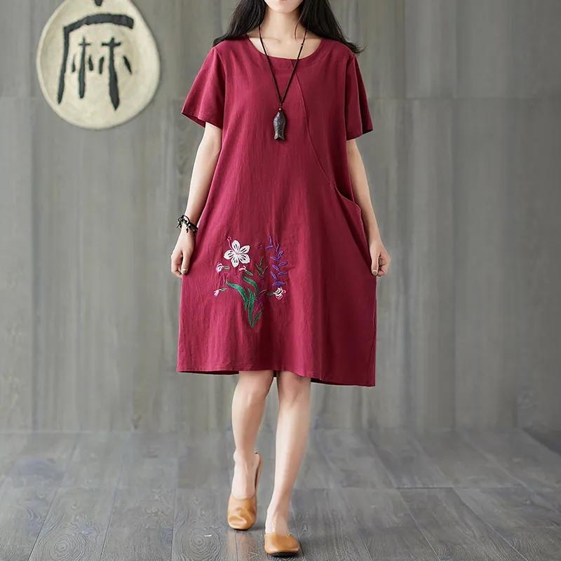 

Свободное женское платье средней длины из хлопка и льна в стиле ретро с вышивкой, летнее летнее платье средней длины с короткими рукавами 4XL фиолетовый