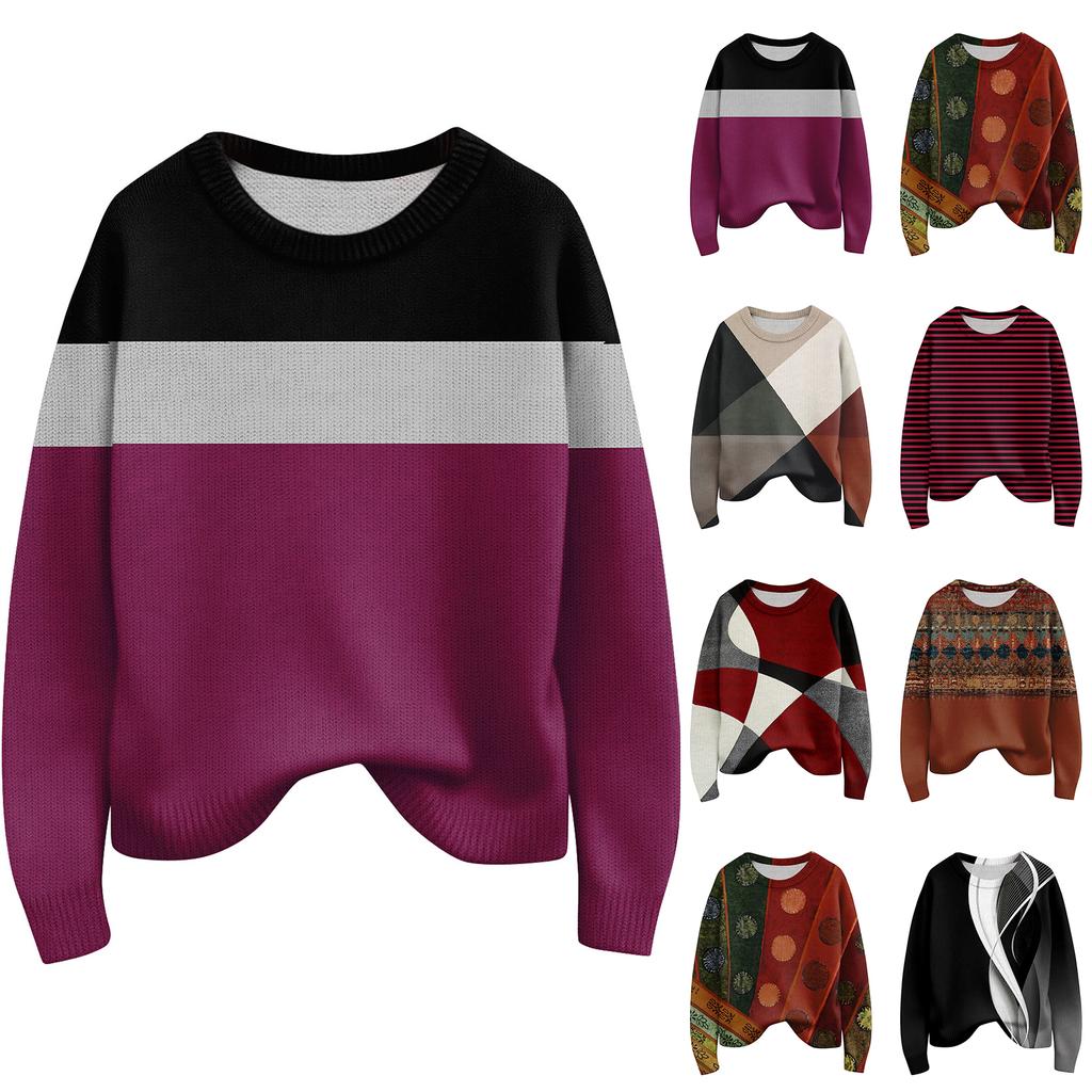 Maglioni Pullover a Maniche Lunghe da Donna Girocollo Casual Carino Stampa Maglia Maglione Oversize