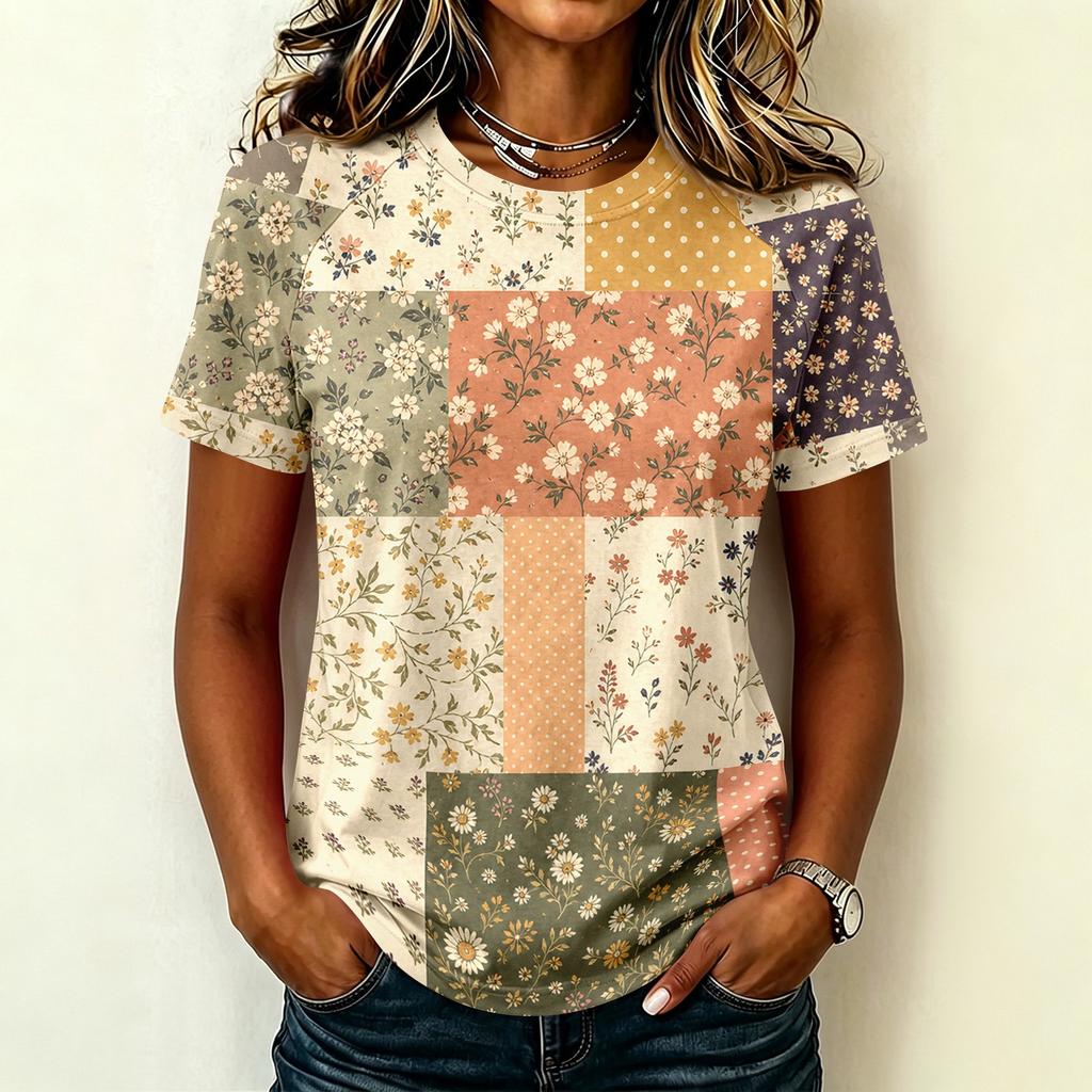 Women's Casual Raglan Sleeve Floral Print Short Sleeve Top Round Neck Lightweight Blouse Soft Fabric Relaxed Fit Summer Shirt