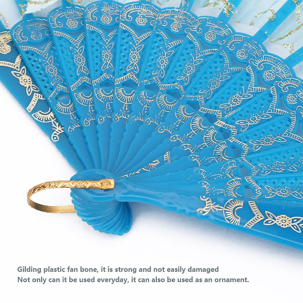 European Hand Lace Flower Gilding Folding Fan Dancing Party Fan(lake blue)