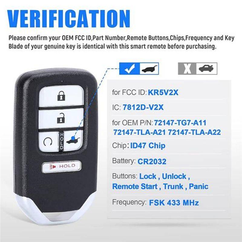 Car Remote Key 433Mhz ID47 Chip KR5V2X For Honda Civic 2018- CRV 2017- Pilot 2016- Car Key