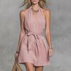 Summer Women's Clothing Halter Deep V Neck Tie Waist Casual Short Slim Fit Dress