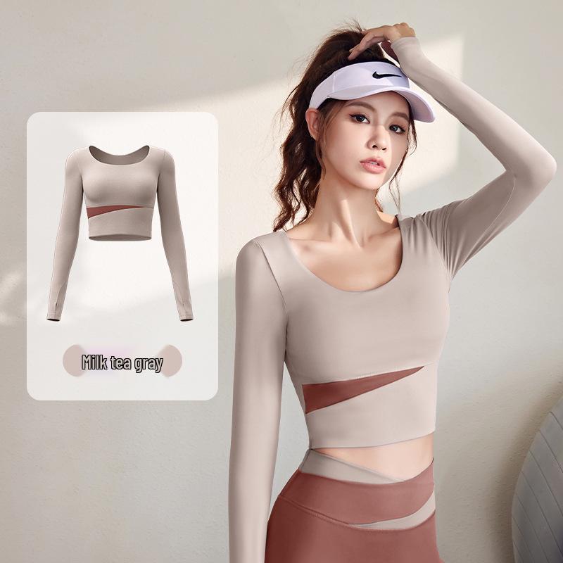 Damen Frühling Colorblock Yoga Set - Nude Feeling Enges Top & Langarm, Brustpolster, Modehose zum Laufen und für Fitness