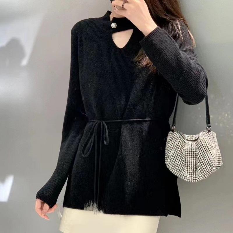 Drawstring Waist Knitted Sweater Autumn and Winter New Medium and Long Soft Waxy Lazy Wind Semi-turtleneck Machine Hollow Sweater Women