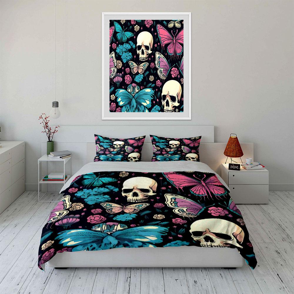 "Skull Butterfly Floral Decor Set" Bedding Set with 1 Duvet Cover 2 Pillowcases Single Double King Queen, Gift
