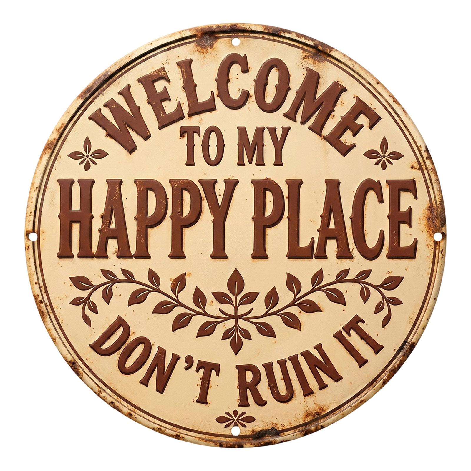 

Wooden Hanging Sign Welcome to My Happy Place Rustic Round Wall Decor Wooden Plaque for Indoor Outdoor Use One Size білий