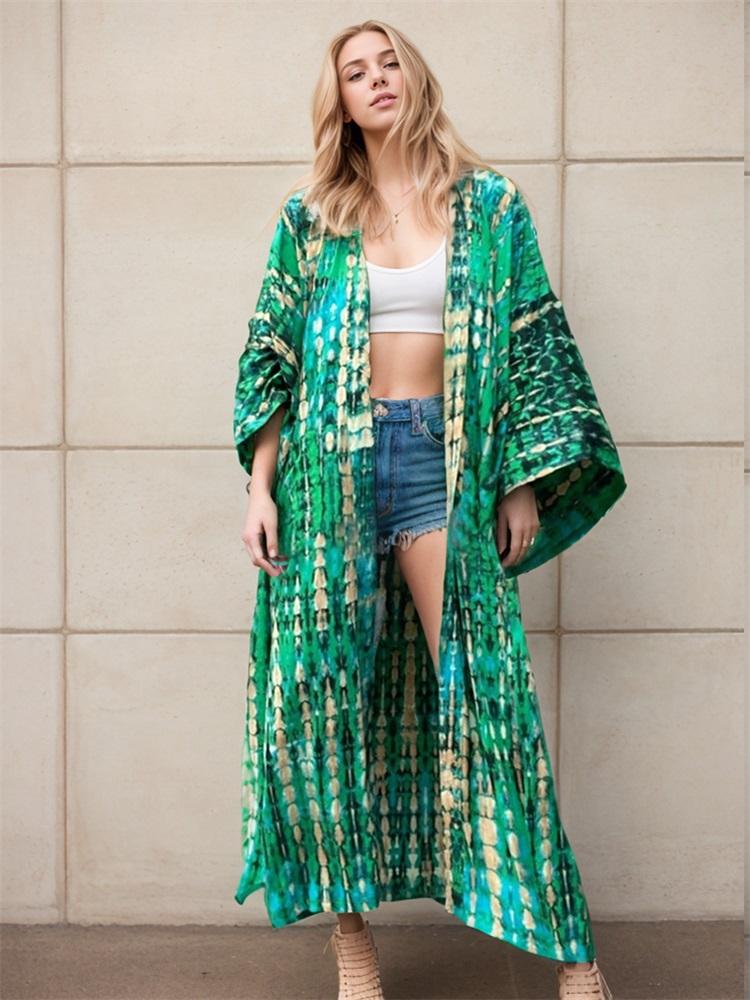 EDOLYNSA Bohemian Tie Dye Striped Bikini Cover-ups Long Tunic Sexy Kimono Dress Women Plus Size Beach Wear Swim Suit Cover Up Q1314