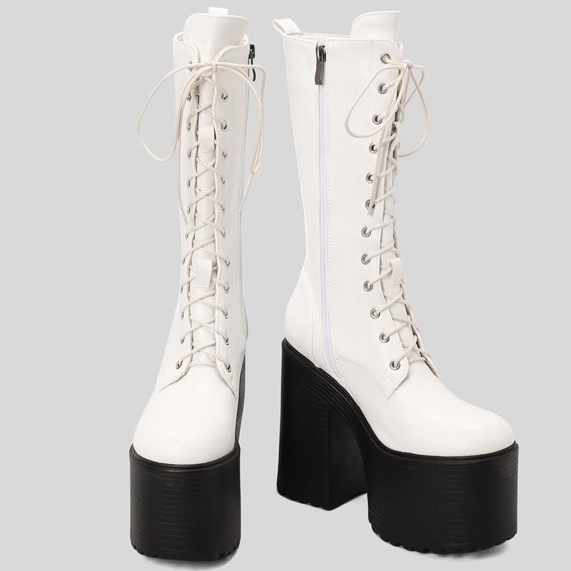 Stivali da Donna Sexy con Plateau a Metà Polpaccio Inverno Stripper Gotico Punk Tacchi Stivale per Donna Stringati Nero Bianco Scarpe Feticcio Taglia Grande