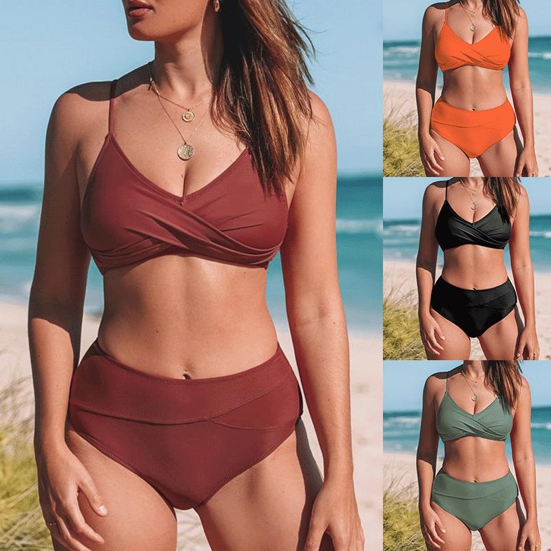 Women’s Solid Color Tankini Bathing Suit Cross Wrap Soft-Cup Bikini Swimsuit, Sexy Two-Piece Swimwear Set