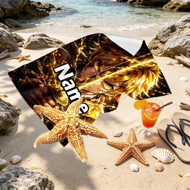 Custom Name Personalized Demon Slayer Print Beach Towel, for Trip Camping Beach Party Home Decor, Birthday Gift for Family & Friends