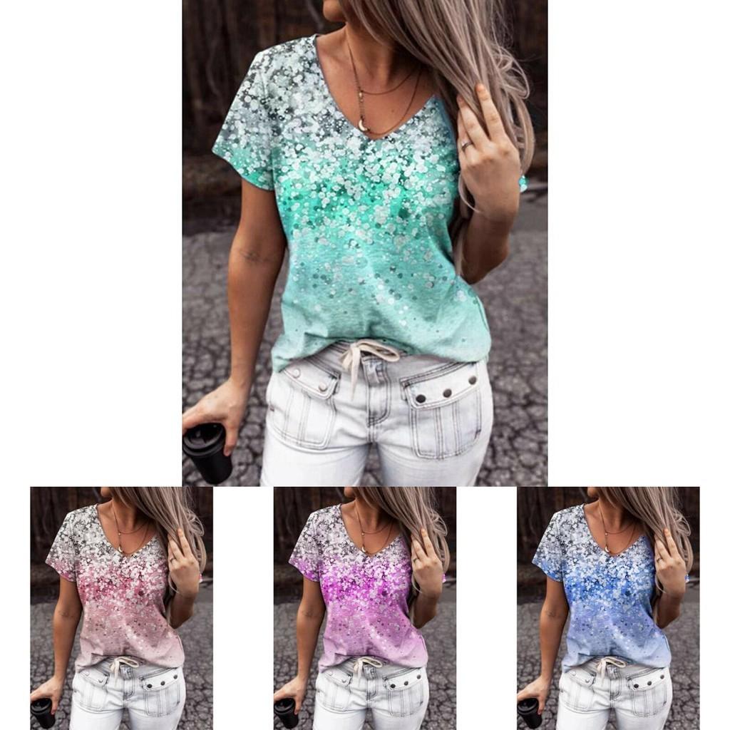 Elegant Womens V-neck Short Sleeve Floral Print Tops T-shirt For Casual Wear