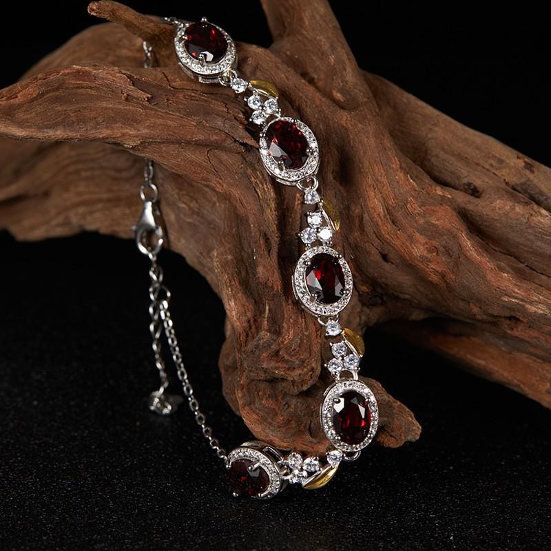 Sterling Geometric Bracelet With Natural Garnet Yellow Quartz Amethyst Gemstones Women Sweet Style Natural Garnet