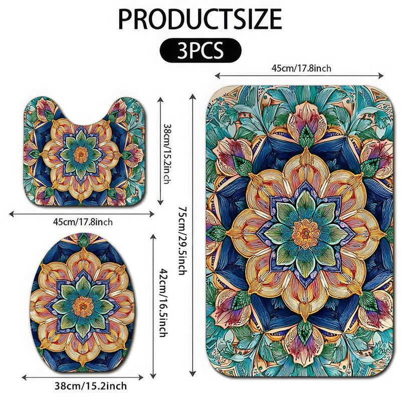 Mandala Pattern 3-Piece Bathroom Mat Set Non-Slip Plush Floor Mats for Toilet, Shower & Bathtub – Boho Decor Bath Rug Set