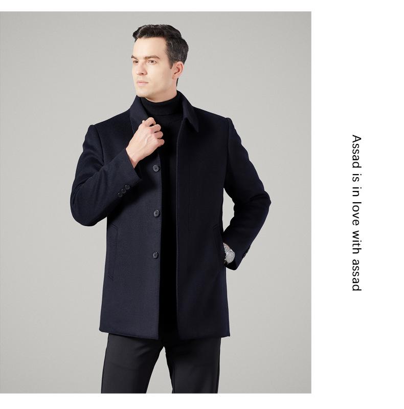 Men's Winter Wool Double-Faced Trench Coat with Down Liner and Cashmere Lapel