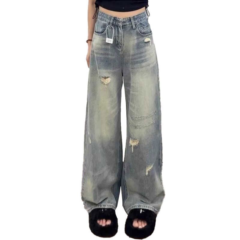 Comfortable Broken Holes Jeans Women Pear Shaped Body Large Size Skinny High Waist Loose Broad Leg Trousers Jeans for Women Long Denim Pants