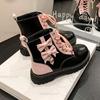 Women's Cute Lolita Platform Ankle Boots Black/White Bowknot Lace-Up Bottes Low Heel Sweet Fashion Botines for Women Botas Mujer