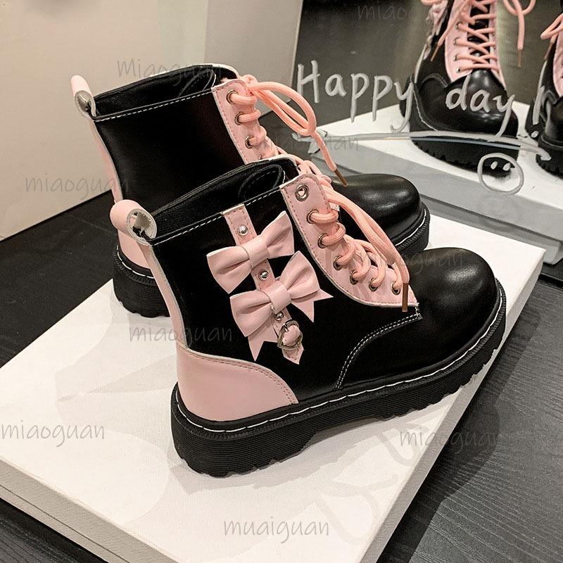 Women's Cute Lolita Platform Ankle Boots Black/White Bowknot Lace-Up Bottes Low Heel Sweet Fashion Botines for Women Botas Mujer
