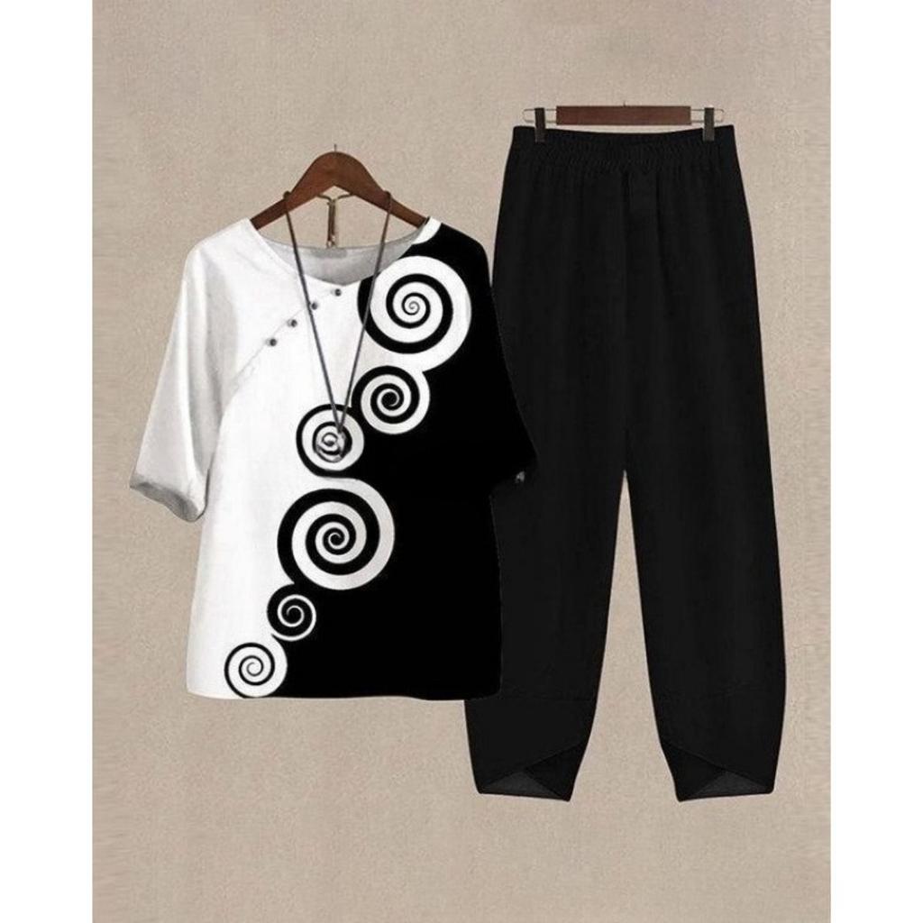 Women's Loose Fit Floral Printed Two Piece Outfit Half Sleeve T-Shirt Elastic Waist Pantsuit