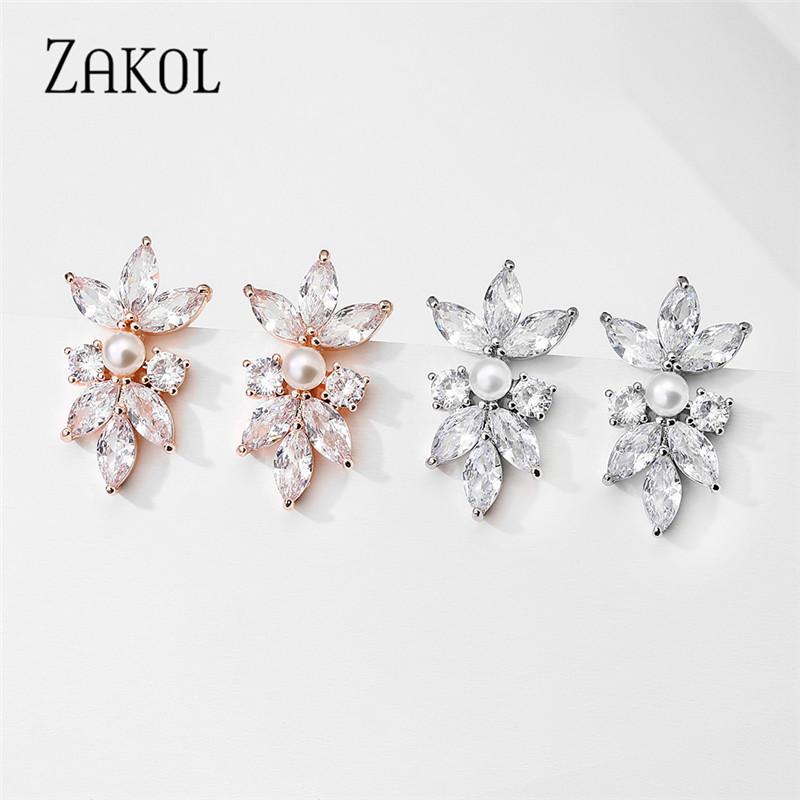 ZAKOL Fashion Simple Copper Alloy AAA Cubic Zirconia Stud Earrings for Women Cute Pearl Leaf CZ Wedding Earring Jewelry EP3156
