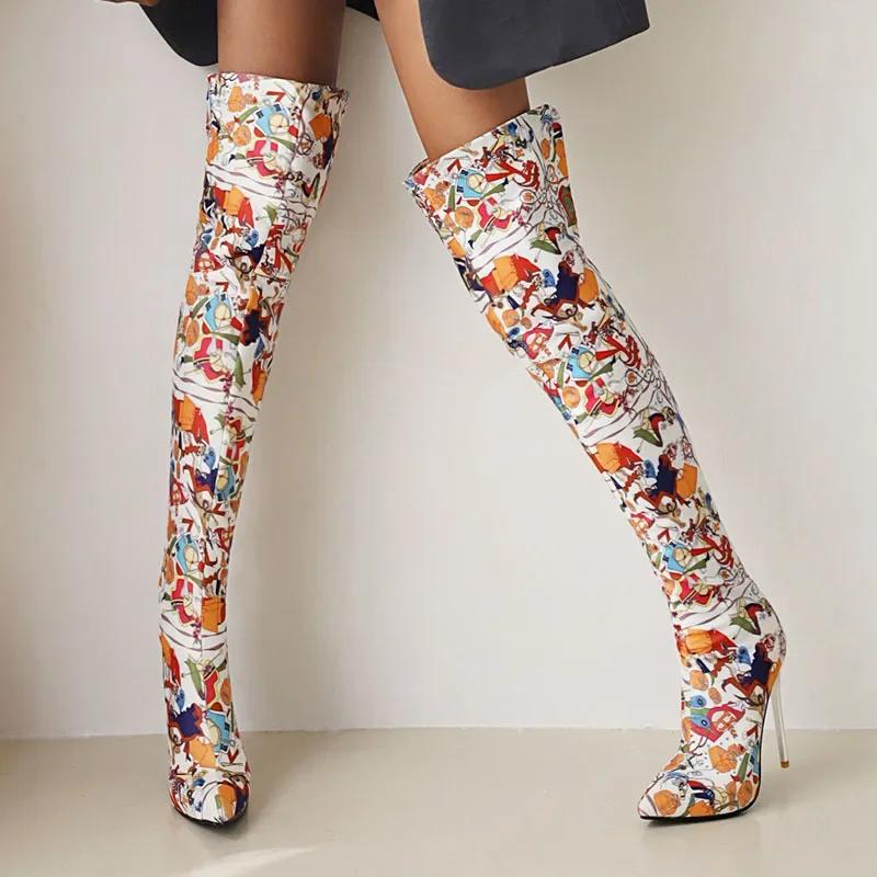 Ladies Pointed Bling Diamond Thigh Boots Rhinestone Boots Printed Retro Over The Knee Boots Transparent Stiletto High Heels Size