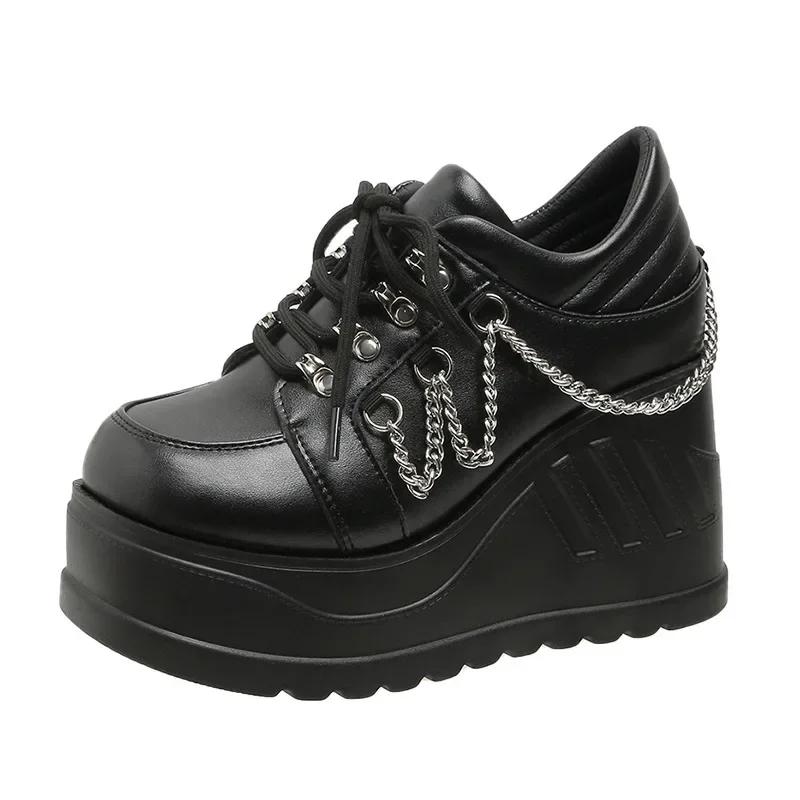 Fashion Punk Style Thick Heel Women's Single Shoes Leather Material Increased Height 9cm Large round Head High Heel Summer Shoes