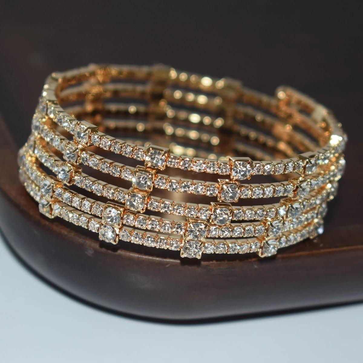 

Elegant Wedding Ornaments For Women Artificial Crystal Festival Gifts 5-row Rhinestone Multi-loop Open Bracelet Creative Fashion Arm-hugging Jewelry золотистий