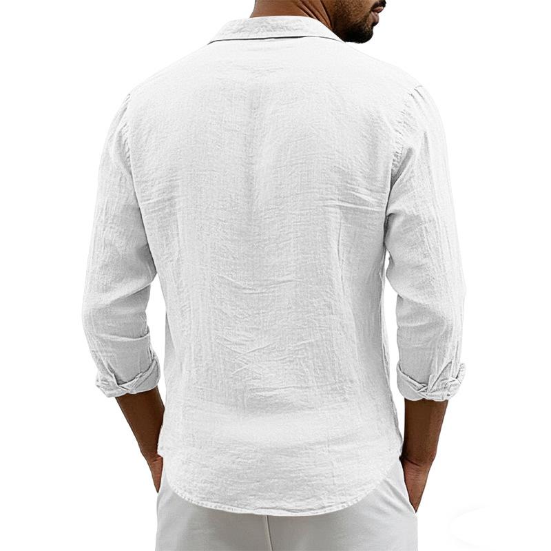 New Men's Solid Color Long Sleeve Shirt Linen Cotton Shirts Trend Plus-size Lapel Collar Casual Lightweight Beach Tops
