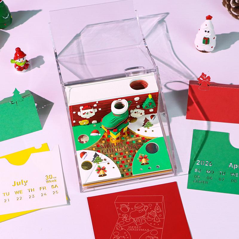 Time Piece Kalender 2026 Schreibtischkalender mit LED-Licht 3D Abreißkalender Papierschnitzkunst Notizblock Geschenk Weihnachten