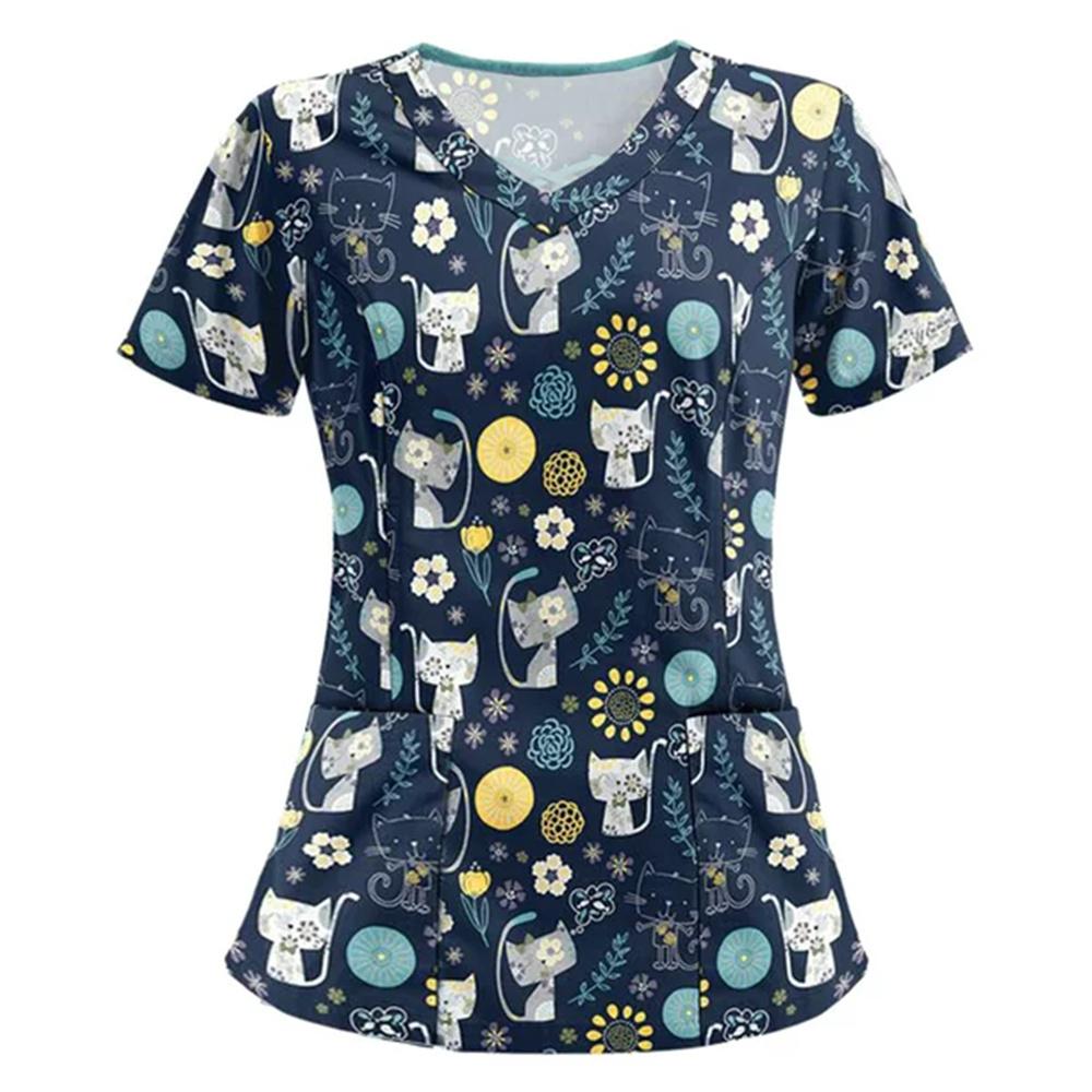 

Clinical Uniform Woman Cute Cat Print Dental Nursing Tops V-Neck Short Sleeve with Pocket Tees Health Care Medical Scrubs Women S