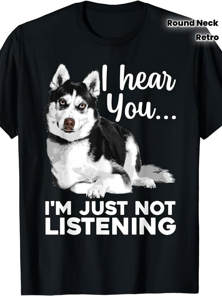T-Shirt for Men & Funny Siberian Husky Dog Lover - 220GSM Pure Retro Husky Art Tee, Casual Round Nec