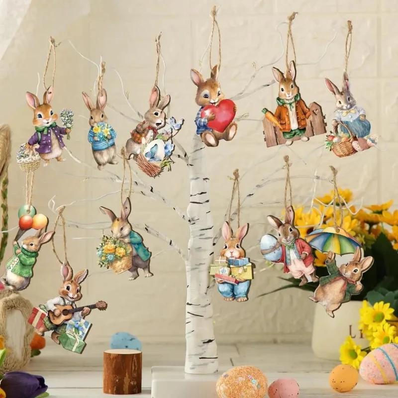 Rabbit Hanging Ornament Wooden Handmade Easter Rabbit Pendant Easy To Hang Bunny Props Hanging Pendant