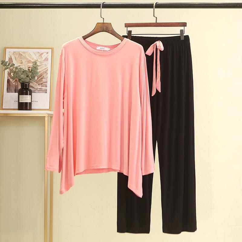 Plus Size Color-contrast Modal 2pcs Homewear Set Long Sleeve Tshirts and Wide Leg Pants Women Loose Pajamas Sets Streetwear Comfort Clothing