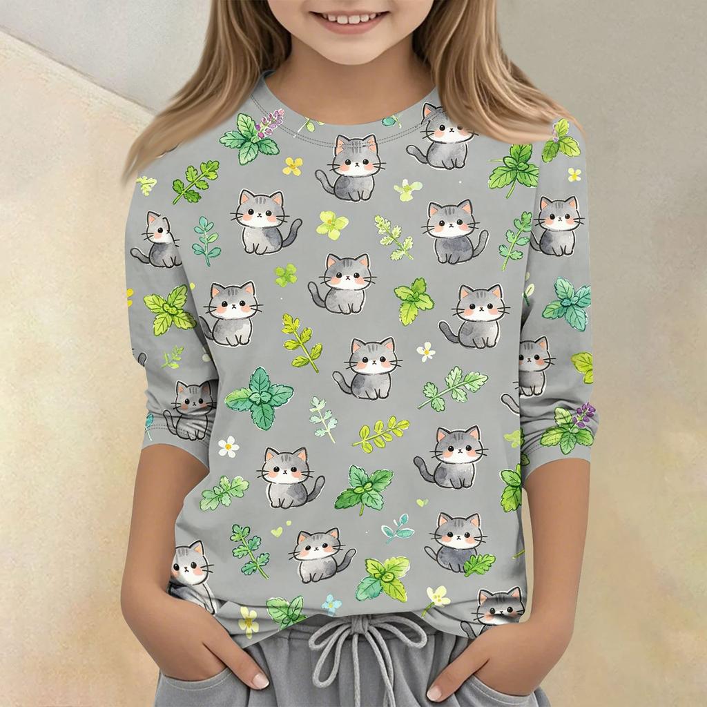 Kinder Tierdruck Rundhals Dreiviertelarm Lässiges T-Shirt Weicher Leichter Stoff Bequeme Passform Geeignet für den Alltag