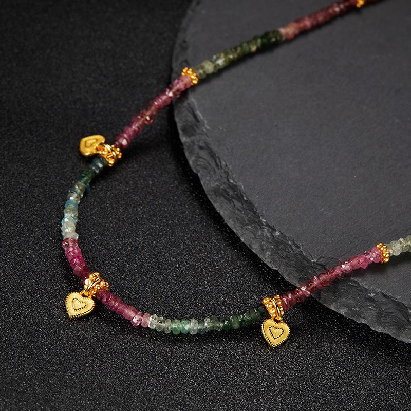 Xiaohongshu Natural Color Treasure Tourmaline Necklace Women'S S925 Sterling Silver Handmade Beaded Collarbone Chain